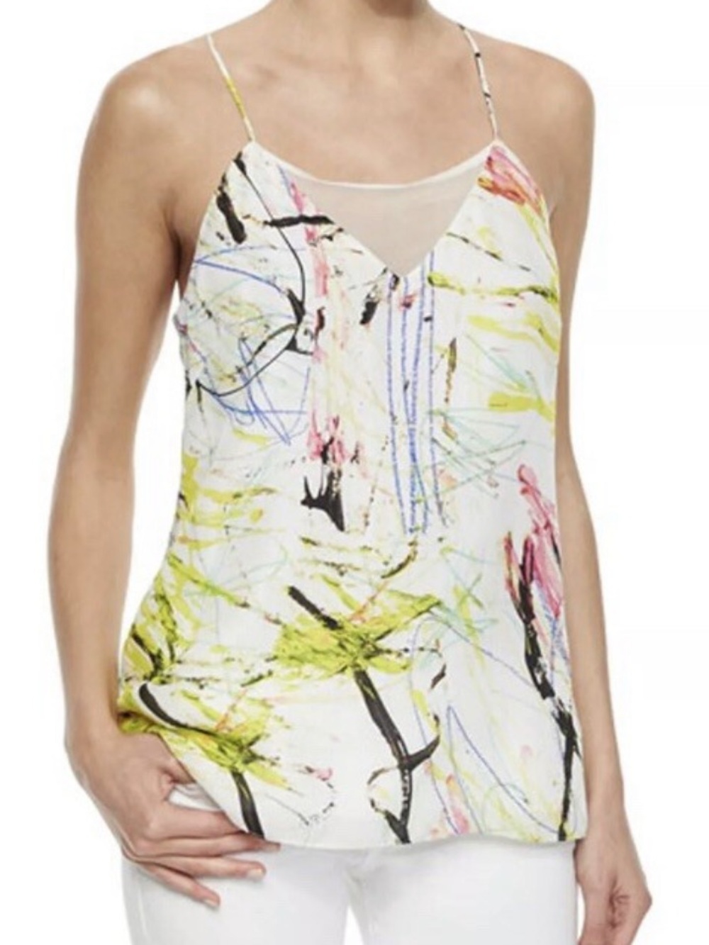Milly Silk Sophia Racerback Tank Top Abstract Paint-Print Spaghetti Strap Sz 2